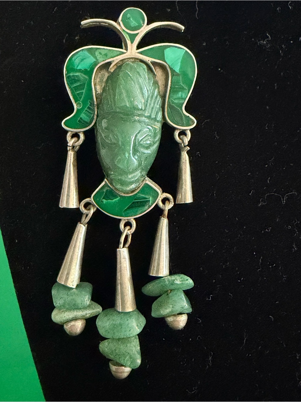 Vintage Taxco Sterling Silver 950 Aztec Mayan Warrior Mask Brooch Pendant Signed